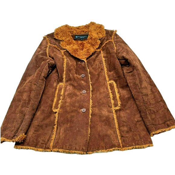 KENNETH COLE REACTION Women's Large Leather Jacket Coat Teddy Fur Lining Buttons - Picture 1 of 9